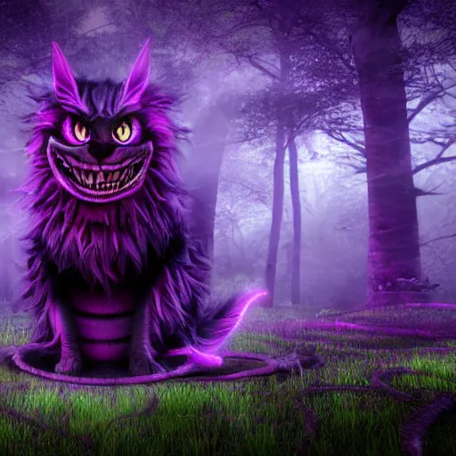 Image similar to demonic cheshire cat in a neon purple forest, horror, scary, realist, cryengine, hdr