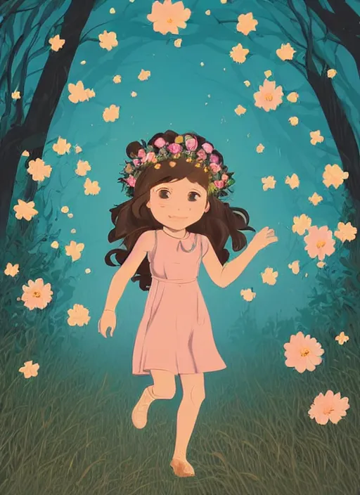 Image similar to little girl with wavy curly light brown hair. wearing a flower crown and chasing fireflies in the woods. clean cel shaded vector art. shutterstock. behance hd by lois van baarle, artgerm, helen huang, by makoto shinkai and ilya kuvshinov, rossdraws, illustration, art by ilya kuvshinov