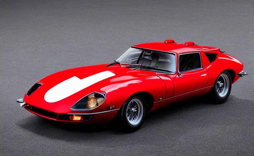 Prompt: a detailed combination of a red jaguar e - type, lamborghini countach and a datsun 2 4 0 z, seen from front on, concept photo, 8 k, highly detailed, dramatic lighting