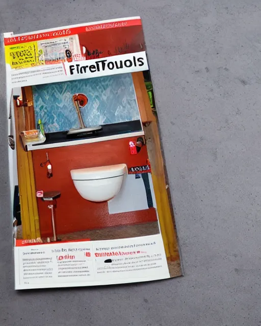 Image similar to a full view of table and magazine with picture of firey toilet, magazine, zoomed out, zoomed out, zoomed out