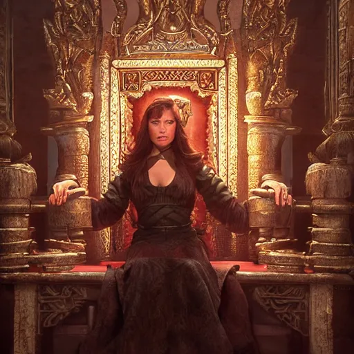 Image similar to the elder scrolls vi, charismatic regal humble brunette female jarl, portrait, throne room, atmospheric lighting, painted, intricate, volumetric lighting, beautiful, daytime, sunny weather, slight overcast, sharp focus, deep colours, ultra detailed, by leesha hannigan, ross tran, thierry doizon, kai carpenter, ignacio fernandez rios