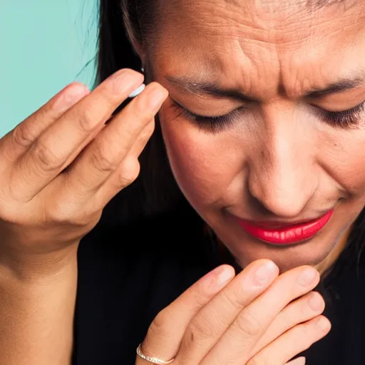 Prompt: 1 3 mm close up photo of a woman wiping away her tears with sandpaper, sharp focus