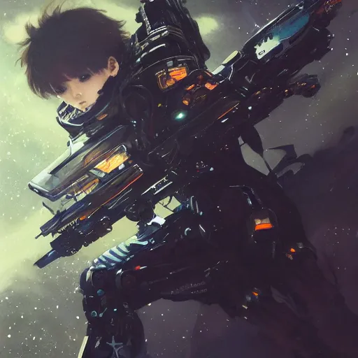 Image similar to award winning, extremely photorealistic, bokeh, beautiful detail, stars in the sky, cybernetic, sci-fi space game art, jeon Jungkook holding a gun. alien planet art by Akihito Yoshitomi AND Yoji Shinkawa AND Greg Rutkowski, Mark Arian trending on artstation