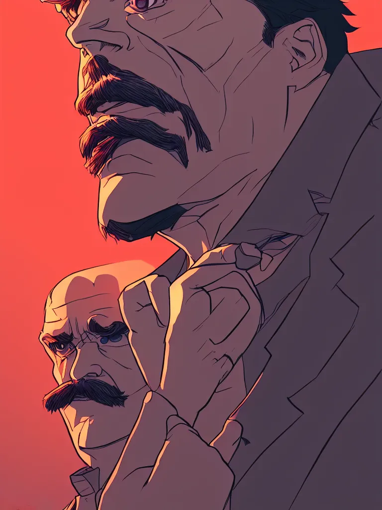 Prompt: Friedrich Nietzsche with a chiseled Jawline and serious Look in his Suit, in the Style of Artgerm and Ross Draws and Mike Mignola and Atey Ghailan, rimlight, vibrant colors, hard shadows, Comic Cover Art, trending on artstation