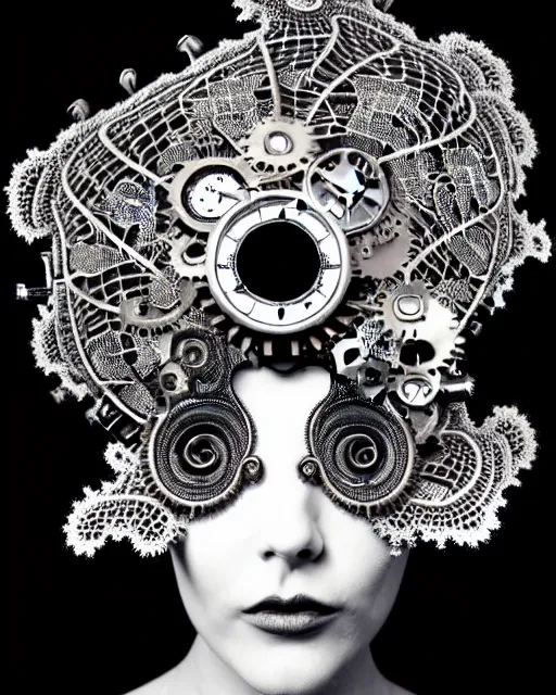 Image similar to surreal black and white photo portrait of complex bio-mechanical beautiful young female vegetal-cyborg with a Mandelbrot fractal steampunk metal fine lace face, curled silver hair and a fine metal floral foliage super big lace collar by Alexander McQueen:: high fashion, haute couture, rococo, steampunk, silver filigree details, anatomical, facial muscles, cable wires, microchip, elegant, hyper realistic, 150 mm lens, soft rim light, octane render, unreal engine, volumetric lighting, 8k,