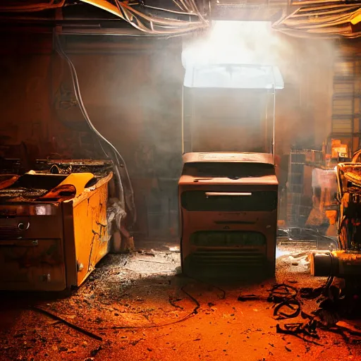 Image similar to cyborg toaster oven repairman, dark messy smoke - filled cluttered workshop, dark, dramatic lighting, orange tint, sparks, plasma rays, cinematic, highly detailed, sci - fi, futuristic, movie still