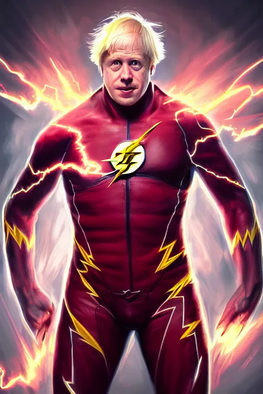 Prompt: Boris Johnson as Flash by Zack Snyder, realistic portrait, symmetrical, highly detailed, digital painting, artstation, concept art, smooth, sharp focus, illustration, cinematic lighting, art by artgerm and greg rutkowski and alphonse mucha