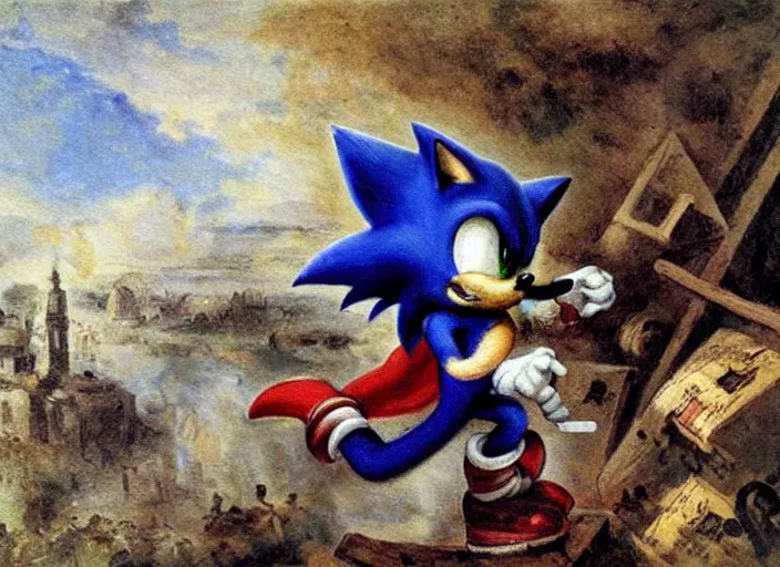 Image similar to romanticism painting of sonic the hedgehog during the french revolution, by eugene delacroix