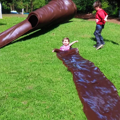 Image similar to kid going down chocolate pudding slip n slide head first, photo taken at the park