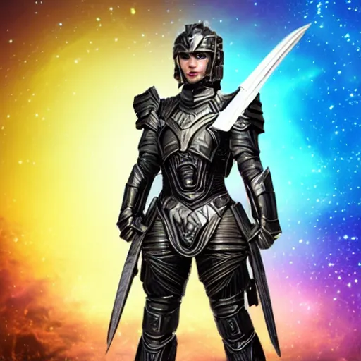 Prompt: photo of a female warrior with galaxy colored armour and weapons