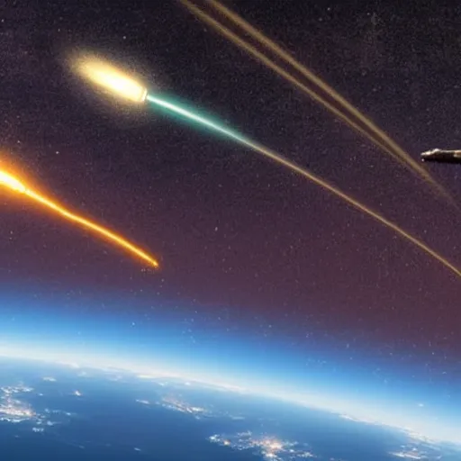 Prompt: spaceship shooting multiple tracers in space near earth, realistic photo from nasa