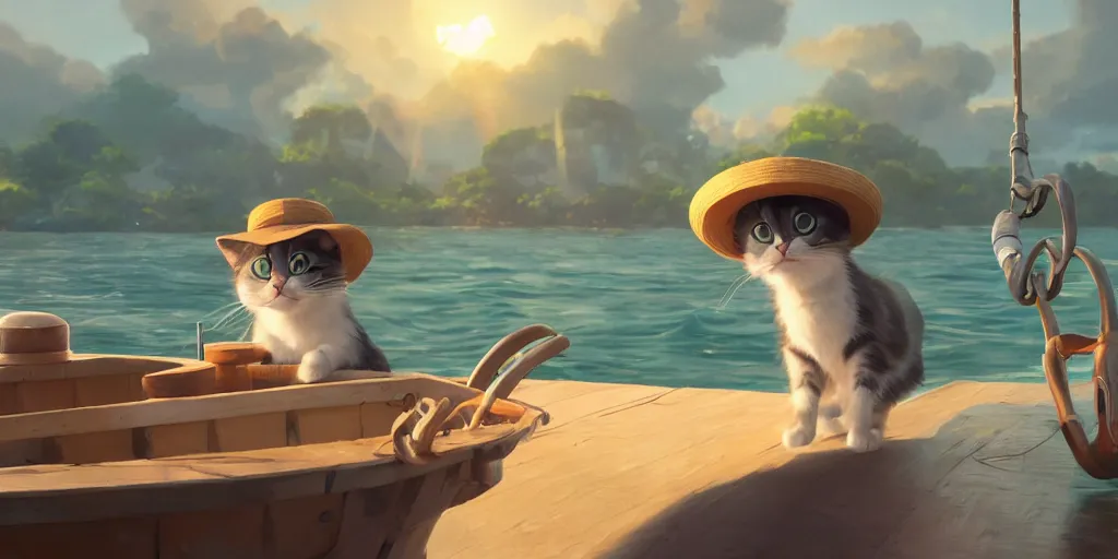 Prompt: a wholesome animation key shot of a cute cat on a fishing boat wearing a sunhat, studio ghibli, pixar and disney animation, sharp, rendered in unreal engine 5, anime key art by greg rutkowski, bloom, dramatic, dynamic lighting