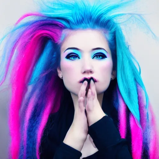 Image similar to a dramatic photo of a beautiful young woman with cotton candy hair. with a little bit of cyan and pink