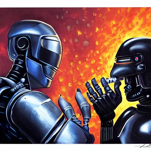 Prompt: robocop fighting a grey alien while smoking on a cigar Intricate five star vibrant colors, photo realistic, hyperrealism,high detail, matte finish, high contrast, masterpiece, vivid colors