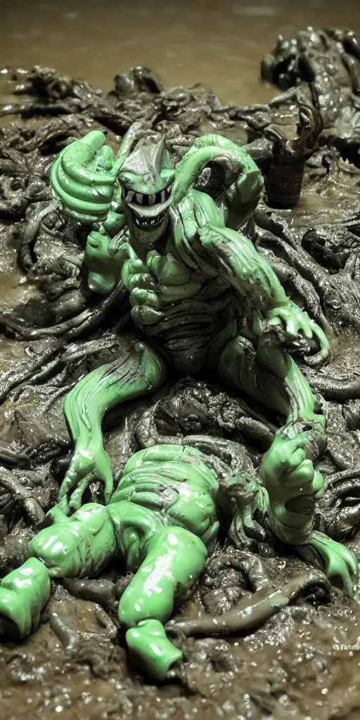 Image similar to bootleg figure of a fat plastic green acid xenomorph diorama drowning on the mud water, secondhand, mcfarlane, cursed photography, middle shot