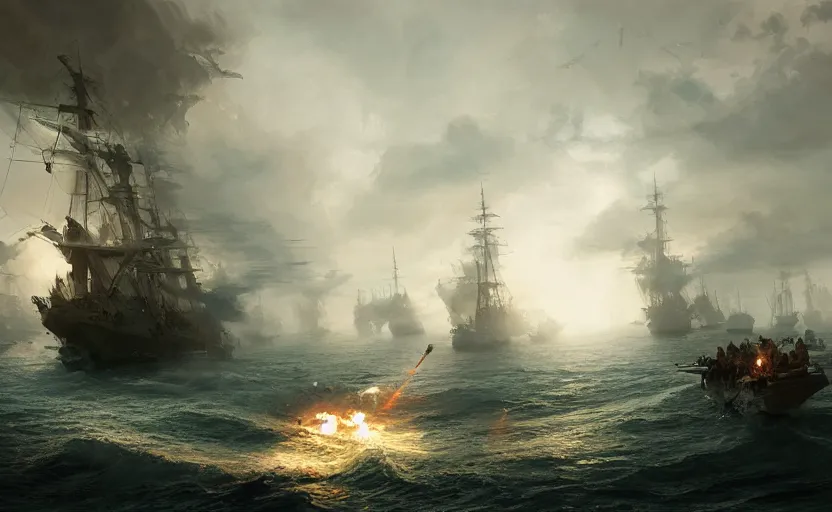 Image similar to Epic naval battle, elegant, volumetric lighting, digital painting, highly detailed, artstation, sharp focus, illustration, concept art, ruan jia, steve mccurry