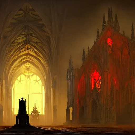 Prompt: full body pose monster skeleton flesh, scary, terrifying, volumetric lighting, gothic church on background, red glow, by greg rutkowski and ivan shishkin