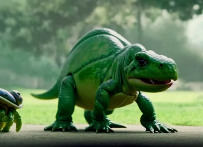 Image similar to film still of yoshi in the new sci - fi movie, cute upright dinosaur with a small turtle shell and long tongue, 8 k