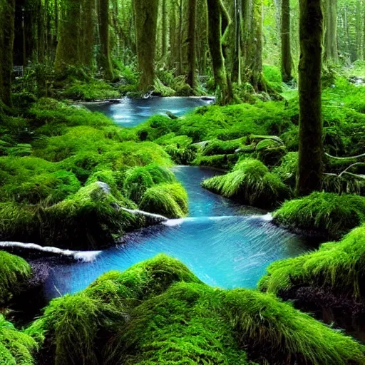 Image similar to 3 0 round pools of water in a forest, the wood between the worlds, narnia, lush green forest, moss and ferns, ferns,