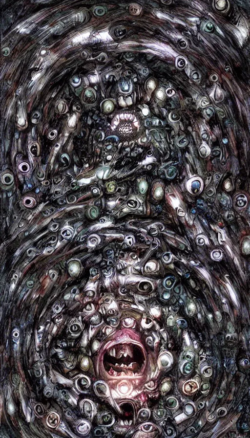 Image similar to a storm vortex made of many demonic eyes and teeth, by yoshitaka amano,