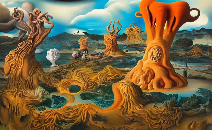 Image similar to strange surrealist landscape with very small strange figures in the distance with large looming biomorphic figures looming inthe foreground, painted by dali and todd schorr and rachel ruysch, timeless disturbing masterpiece