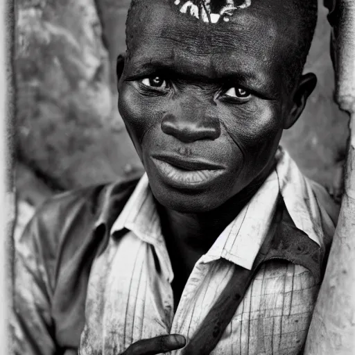 Prompt: black and white photo, portrait of Congo mineworker by sebastiao salgado, realistic, Leica, medium format, cinematic lighting, parallax, high resolution,