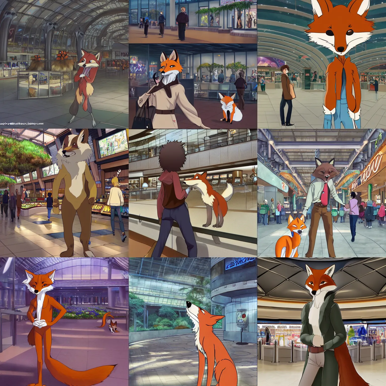 Prompt: an anthropomorphic natural furry ( ( fox ) ) person shopping at a futuristic mall, photorealistic!!!!, anime!!!!, makoto shinkai, james gurney, don bluth, disney, hibbary, dark natasha, goldenwolf, furaffinity, fursona, commission