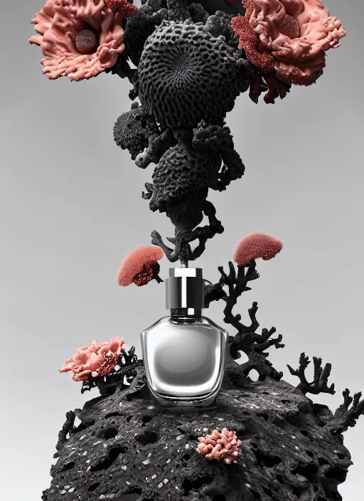 Image similar to perfume bottle standing in the center of a biomechanical black enchanted cave made of corals, daisies, roses in an ivory room well contoured smooth fair walls, up close shot, sharp focus, global illumination, radiant light, alexandre ferra white mecha, irakli nadar, octane highly render, 4 k, ultra hd,