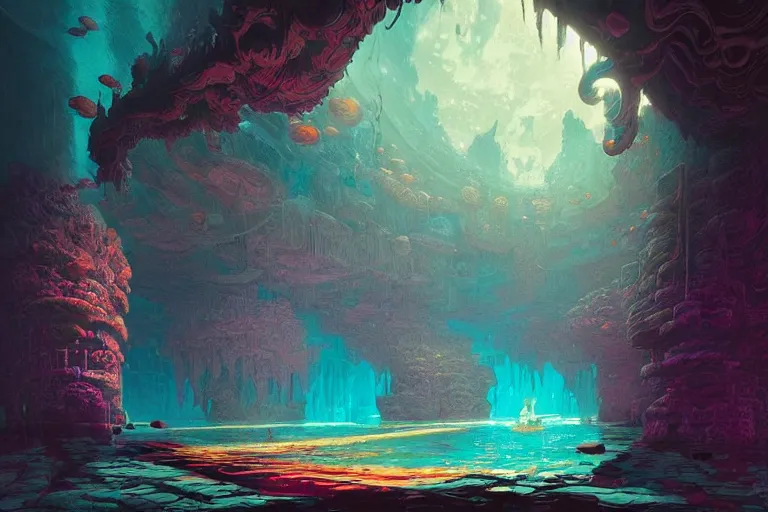 Prompt: A psychedelic rpg flooded underwater dungeon map rooms , vibrant color scheme, highly detailed, in the style of romanticism, cinematic, artstation, Moebius, Greg rutkowski