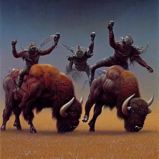 Image similar to Bison playing American football, dark fantasy, Warhammer, artstation painted by Zdzisław Beksiński and Wayne Barlowe