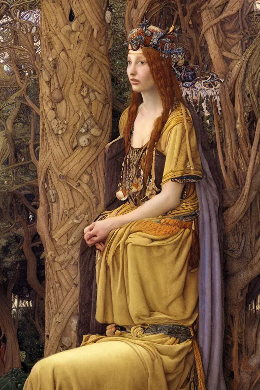 Prompt: coronation portrait of the goddess of the Last Tree, by Donato Giancola and John Bauer and John William Godward and Vermeer, embroidered velvet, iridescent beetles, rich color, ornate headdress, flowing robes, lost runes, ancient civilizations, dramatic cinematic lighting, featured on Artstation, cgisociety, unreal engine, extremely detailed