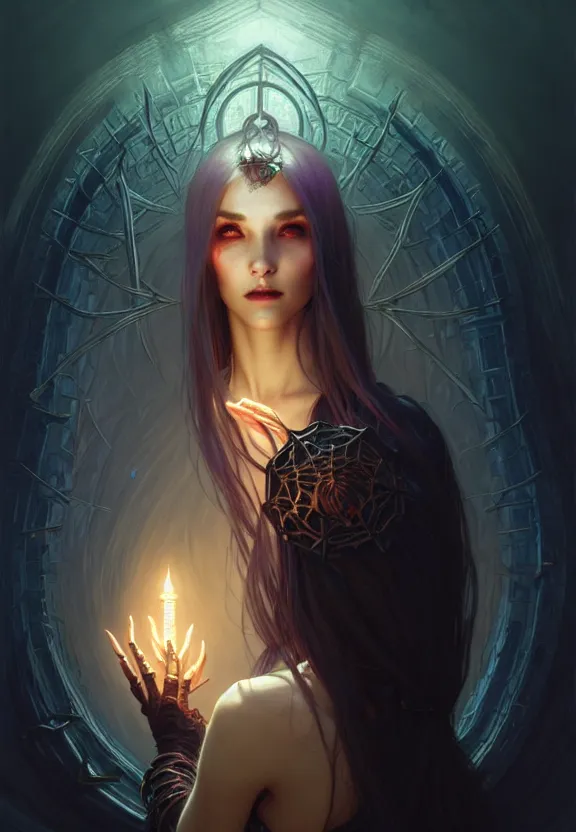 Image similar to Necromancer Sorceress in center, fantasy magic, undercut hairstyle, dark light night, intricate, elegant, sharp focus, illustration, highly detailed, digital painting, concept art, matte, art by WLOP and Artgerm and Greg Rutkowski and Alphonse Mucha, masterpiece