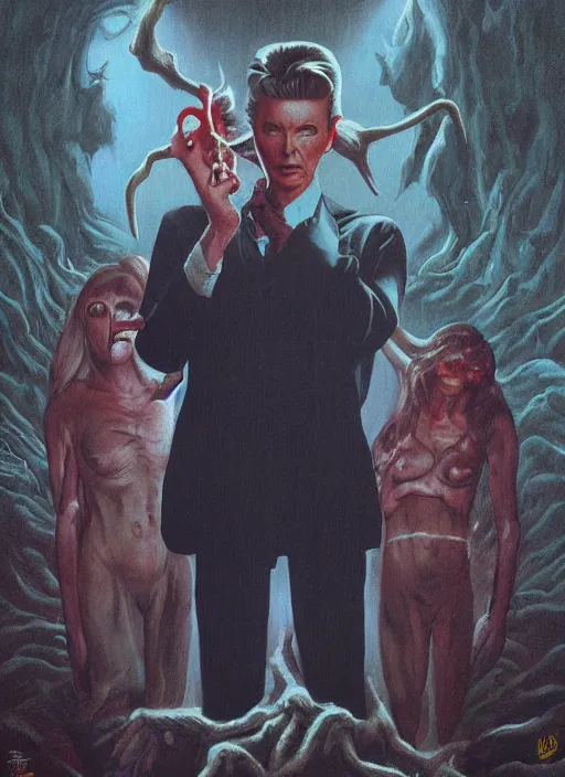 Prompt: twin peaks poster art, david bowie is infected with the spirit of the wendigo demon, old retro pulp, by michael whelan, rossetti bouguereau, artgerm, retro, nostalgic, old fashioned