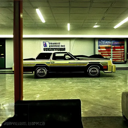 Image similar to 1979 Ford Thunderbird Bronco, inside of an auto dealership, ektachrome photograph, volumetric lighting, f8 aperture, cinematic Eastman 5384 film