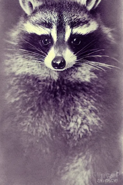 Prompt: purple stelar raccoon inspired vintage photograph