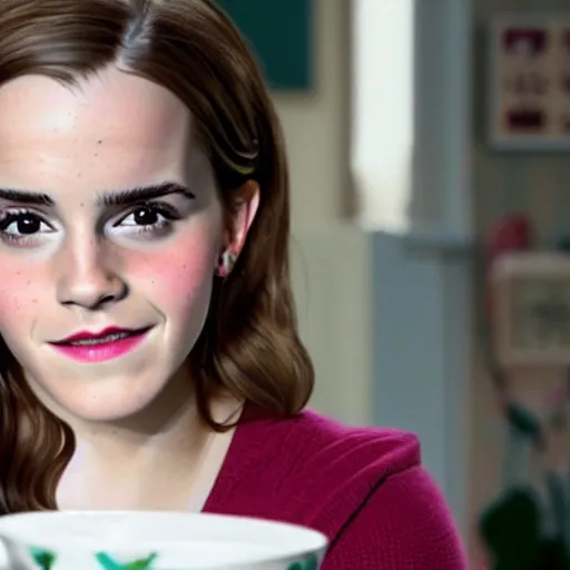 Prompt: emma watson drinking a saucer of warm milk, in the style of a bob ross painting