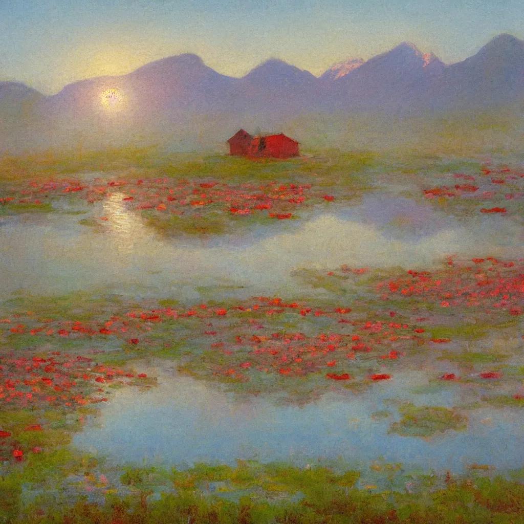 Image similar to impressionism painting of a pond of water lily on a foggy morning, red barn in distance, sun low on horizon through snow capped mountains, soft light