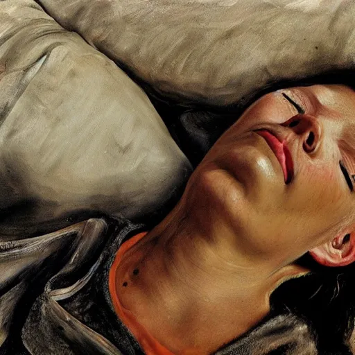 Image similar to high quality high detail painting by lucian freud, hd, exhausted girl portrait, photorealistic lighting