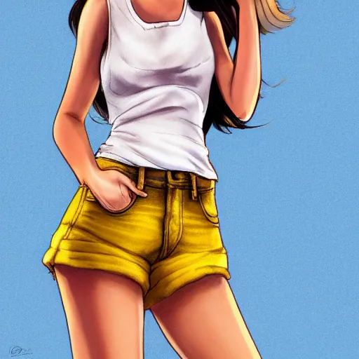 Image similar to young hyderabadi american woman wearing denim short shorts and yellow tank top, highly detailed, artgerm style, artstation, soft light, sharp focus, illustration, character design, concept art