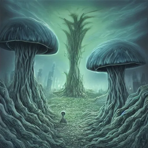 Prompt: a nightmarish creature looming over a city on the horizon, a mushroom forest