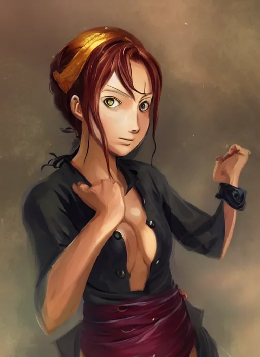 Prompt: a portrait of Nami from One Piece if she was real, wearing a traditional kunoichi dress, ginger hair, beautiful face, intricate, highly detailed, digital painting, artstation, concept art, smooth, sharp focus, illustration, art by Charlie Bowater and Gustave Baumann, matte painting