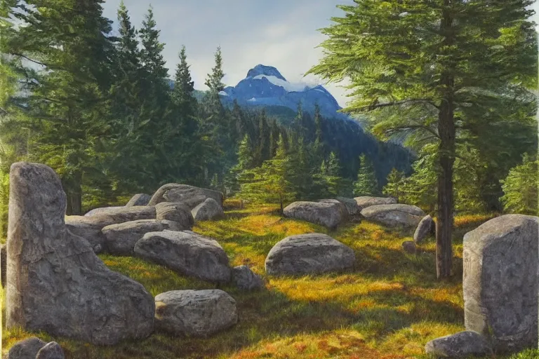 Image similar to runestone, monument, megalithic, nature, trees, mountains, focused, centered, very detailed, oil painting