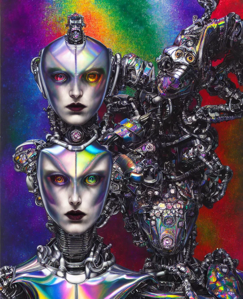 Prompt: realistic detailed image of ultra wrathful rainbow diamond iridescent mega chromed female robot, depth perception, depth of field, action horror by ayami kojima, neo - gothic, gothic, part by adrian ghenie and gerhard richter. art by hajime sorajama, masterpiece