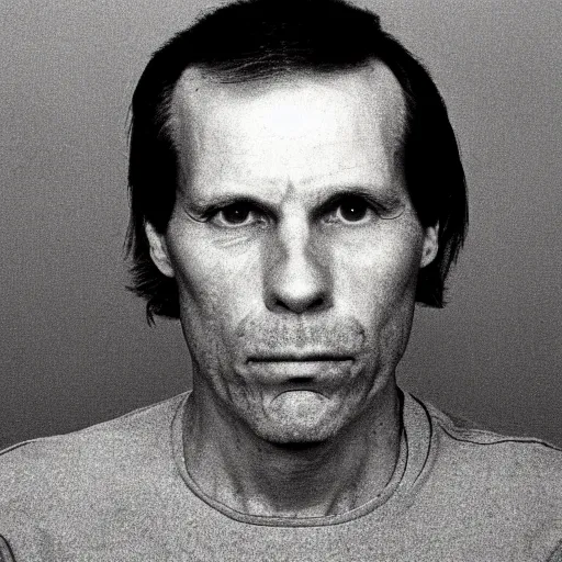 Prompt: A mugshot portrait of a middle aged older man who looks like Jerma985 with a receding hairline and short mid-length wavy hair, wearing mid-1980s menswear in the late 2008, taken in the late 1980s, grainy, realistic, hyperrealistic, very realistic, highly detailed, very detailed, extremely detailed, detailed, trending on artstation, front facing, front view, headshot and bodyshot, detailed face, very detailed face
