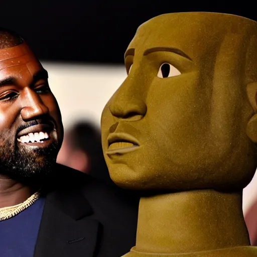 Prompt: 'Photo of Kanye West with moai head