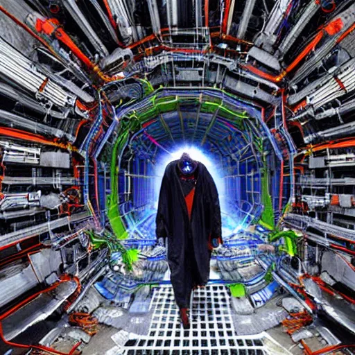 Prompt: of demons crawling out of the Large Hadron Collider at Cern carrying interdimensional technologies with them 8k extremely high level of detail