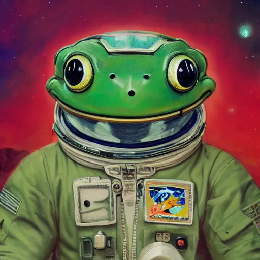 Image similar to long shot of a astronaut frog wearing an astronaut helmet, by esao andrews, by m. w. kaluta, beautiful oil painting, cinematic space scenery, small depth of field, depth perception, volumetric light, rich colors, 3 d octane render, 8 k, conceptart, hyperdetailed, hyperrealistic, trending on artstation