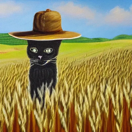 Image similar to a cat with painter hat painting in the fields, overlooking a wheat field