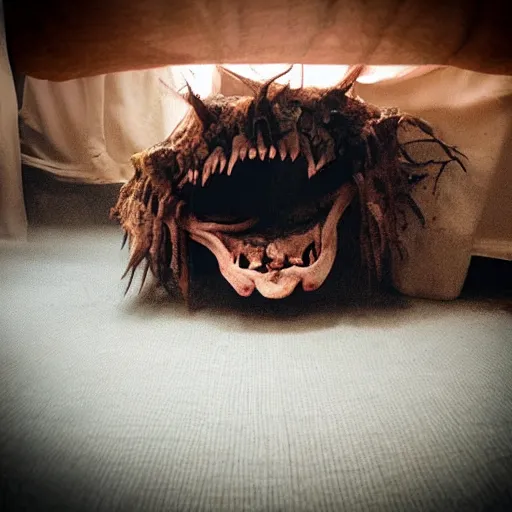 Prompt: “ a terrifying monster hiding under a bed, realistic photo, 8 k, ambient lighting ”