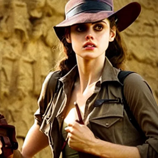 Prompt: A still photograph of Alexandra Daddario as Indiana Jones in Indiana Jones and the Raiders of the Lost Ark